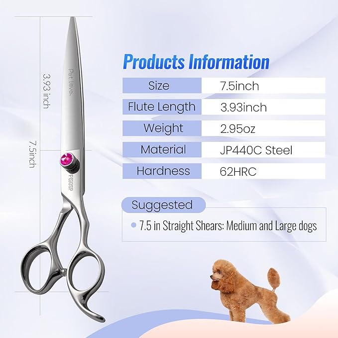 Straight Dog Grooming Scissors 7.5'' Professional Dog Shears for Grooming for Pet Cat Japanese 440C Stainless Steel Dog Scissors Super Sharp (7.5'',Straight)