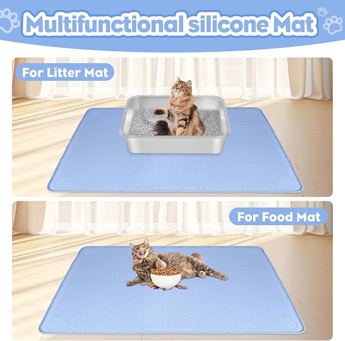 Bartuke Cat Litter Mat, Extra Large 34" x 22" Silicone Mat Litter Trapping Mat for Scatter Control, Soft on Kitty Paws, Easy to Clean (Blue)
