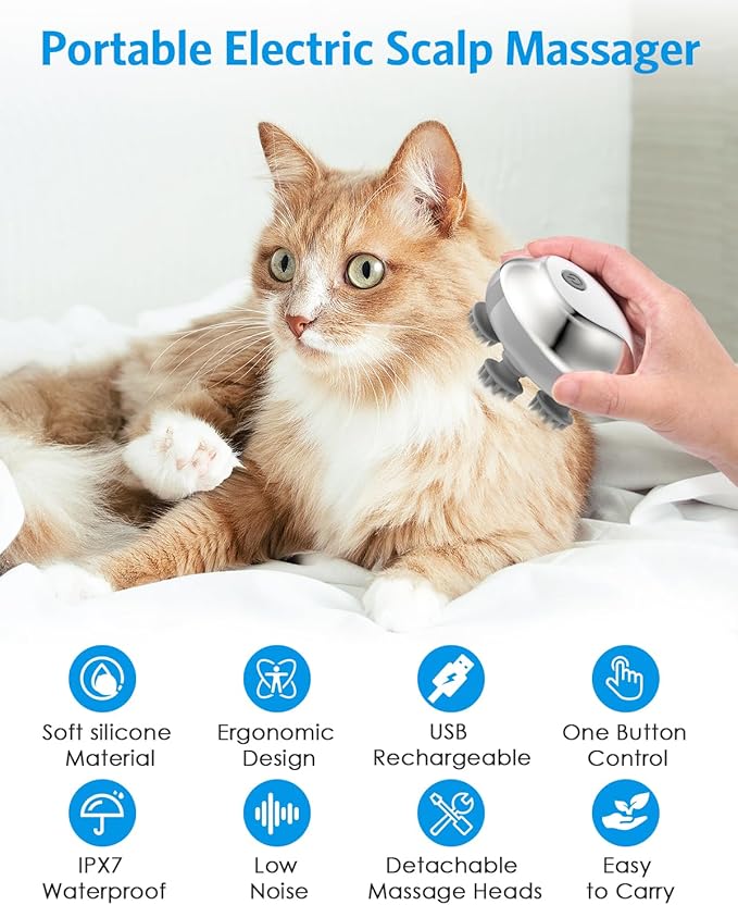 AMIR Electric Scalp Massager, Handheld Pet Massager for Dogs and Cats, Cat Head and Back Scratcher with 3 Speed Modes, 4 Massage Heads, Waterproof Electric Cat Massage Tool for Promote Bonding