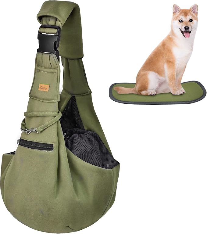 CUBY Dog and Cat Sling Carrier - Hands Free Reversible Pet Papoose Bag - Soft Pouch and Tote Design - Suitable for Puppy, Small Dogs Cats Outdoor(Green, Adjust Strap 2.0)