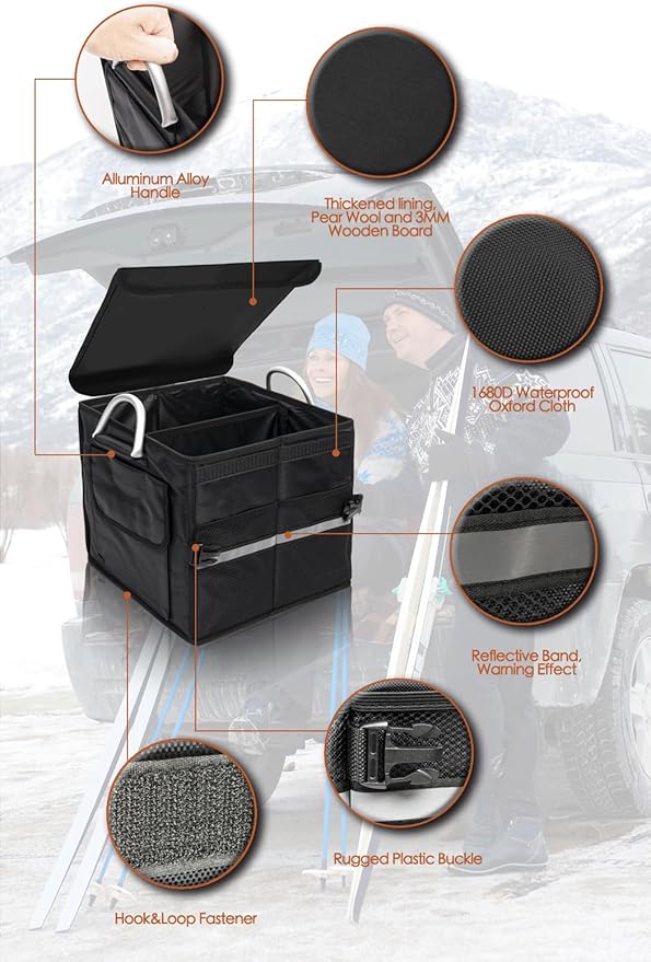 Trunk Organizer With Lid,Small,Black 28L,For SUV Car Truck,Collapsible Waterproof Oxford Fabric,Portable Multipurpose sorting,2-Compartments with Aluminium Alloy Handle