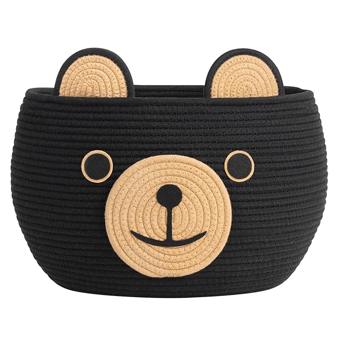 CherryNow Woven Rope Basket, Bear Baskets for Gifts Empty, Large Storage Basket for Living Room Nursery, Decorative Animal Baskets with Handles, Black, 15.7"D x 10.5"H