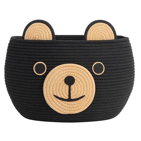 CherryNow Woven Rope Basket, Bear Baskets for Gifts Empty, Large Storage Basket for Living Room Nursery, Decorative Animal Baskets with Handles, Black, 15.7"D x 10.5"H