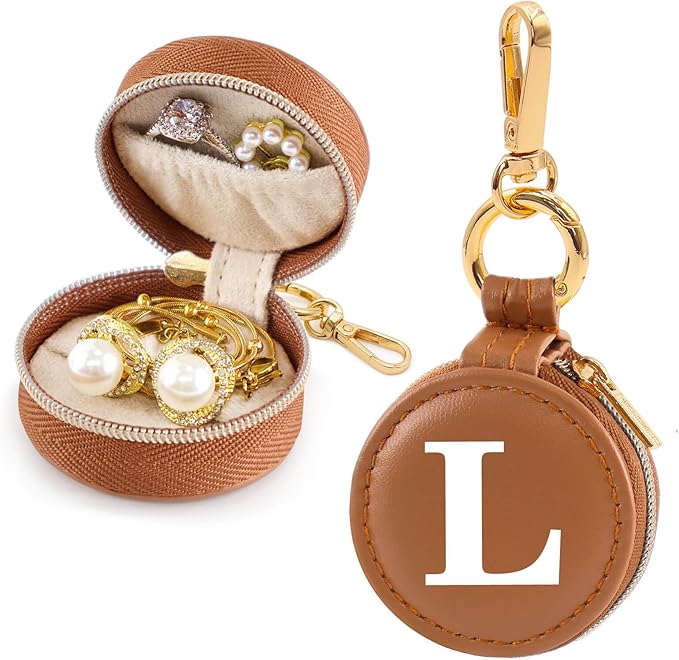 Mini Initial Travel Jewelry Case Ring Holder, Brown Faux Leather Small Jewelry Organizer Box Gifts for Women Girls Nurse Teacher, Gym Travel Accessories Keychain Pouch for Earrings Rings Necklace L