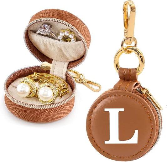 Mini Initial Travel Jewelry Case Ring Holder, Brown Faux Leather Small Jewelry Organizer Box Gifts for Women Girls Nurse Teacher, Gym Travel Accessories Keychain Pouch for Earrings Rings Necklace L