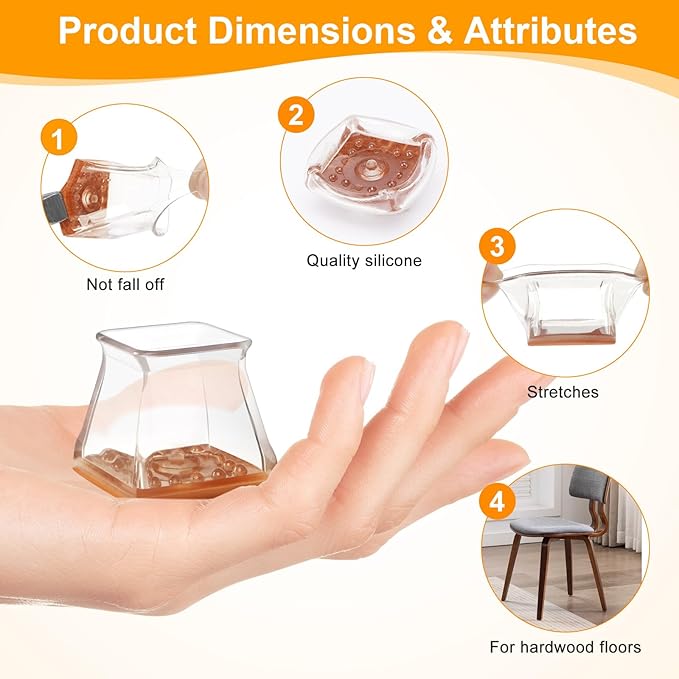 CHUNZEXI 16 Pack Square Chair Leg Floor Protectors for Hardwood Floors, Silicone Felt Covers Pads Caps, Protect Wood Furniture Feet Floors Noise Reduce and Scratch (Square Large & Clear)