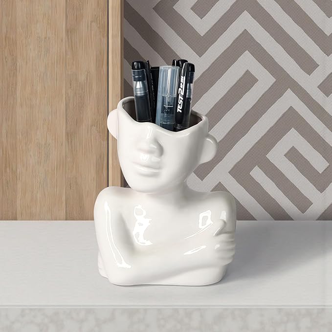 Ceramic Face Pen Holder Organizer, Female Form Face Pen Tools Storage Cup for Desk Accessories, Compact Pencil Holder for Desktop, Living Room, School, Home and Office Decor