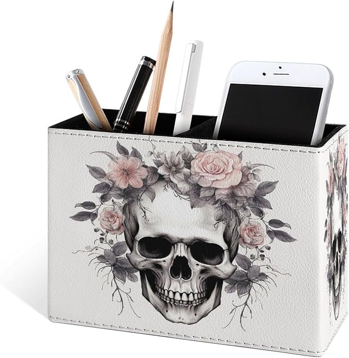 Famame Vintage Skull Flowers Skeleton Pencil Holder for Desk, Leather Desktop Container Pen Cup Storage Study Table Pen Organizer Makeup Brush Holder for Classroom Office Home