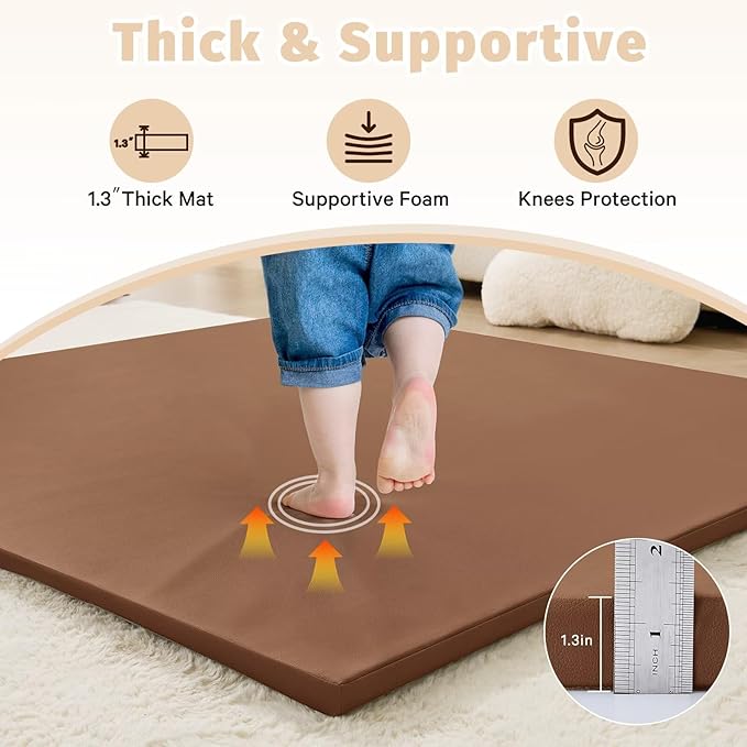 Waterproof Baby Play Mat for Floor 1.3" Thick Memory Foam 47 * 47 Cushion Playpen Playmat Tummy Time Nursery Rug Pad Mattress Create Soft & Safe Area for Infants,Toddler,Kids,Chestnut