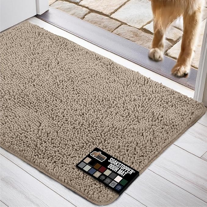 GORILLA GRIP SOAKSTOPPER Dog Door Mat, 70x24 Machine Washable Rug Absorbent Doormat Captures Moisture Mud Dirt, Quick Dry Soft Chenille Entryway Rugs Indoor Entrance Mats for Dog Paws, Beige