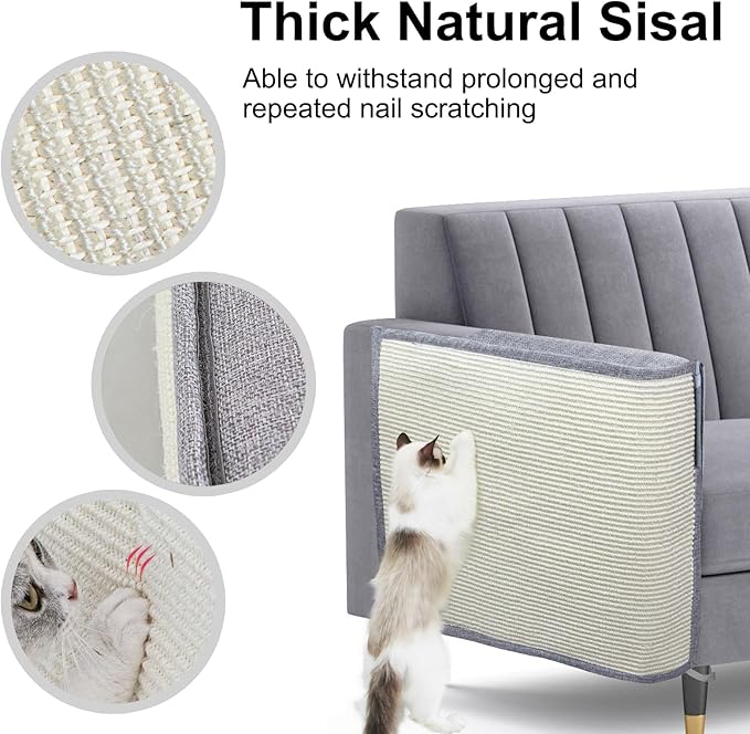 Upgraded Cat Scratch Furniture Protector,Cat Scratch Sofa Arm Sheild with Large Size Natural Sisal for Protecting Couch Sofa Chair Furniture 27.6''L*19.6''W (Light Grey/Right Handed)