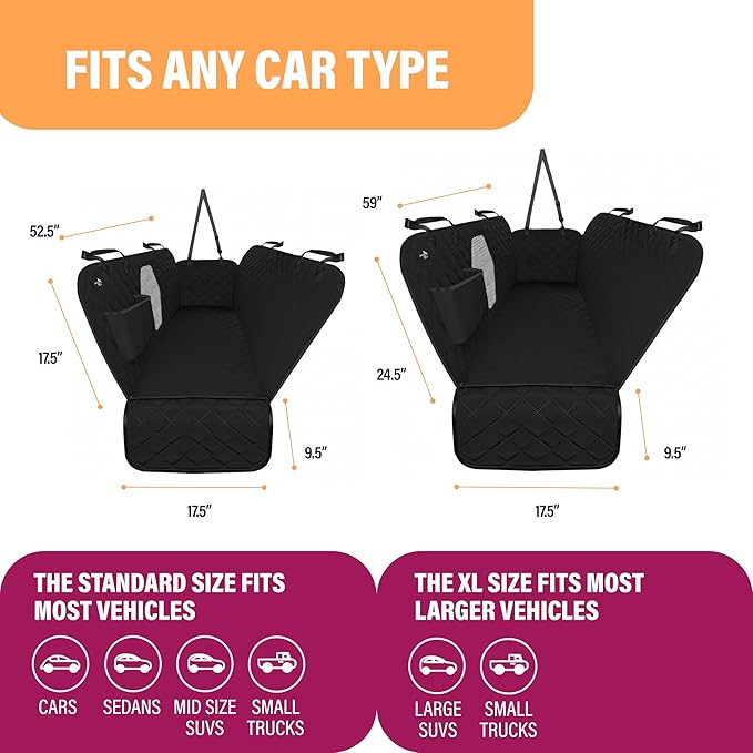 Active Pets Dog Car Seat Cover for Back Seat, Waterproof Pet Protection Hammock, SUV Truck Car Backseat Protector with Safety Features, XL, Black