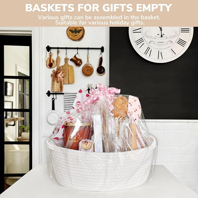 CHICVITA Small Basket for Gifts, Easter Basket for Kids, Empty Gift Baskets with Bags & Ribbons Rope Storage Baskets for Kids, 12"x 8"x 5"