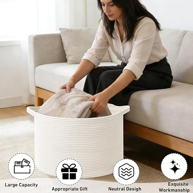 65L Large Woven Cotton Rope Blanket Basket with Handles, Laundry Hamper Storage Bin for Pillows, Comforters,Clothes, Toys, Nursery, Bedroom and Living Room Organization,White