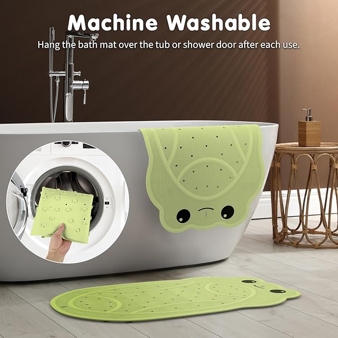 Upgraded Kids Bathtub Mat Non Slip, Low-Odor Natural Rubber Bath Mat with Strong 18mm Suction Cups, Flat Non-Slip Surface, 30"x18" Cute Frog Design, Shower Mat Fast Draining for Smooth Tubs, Green