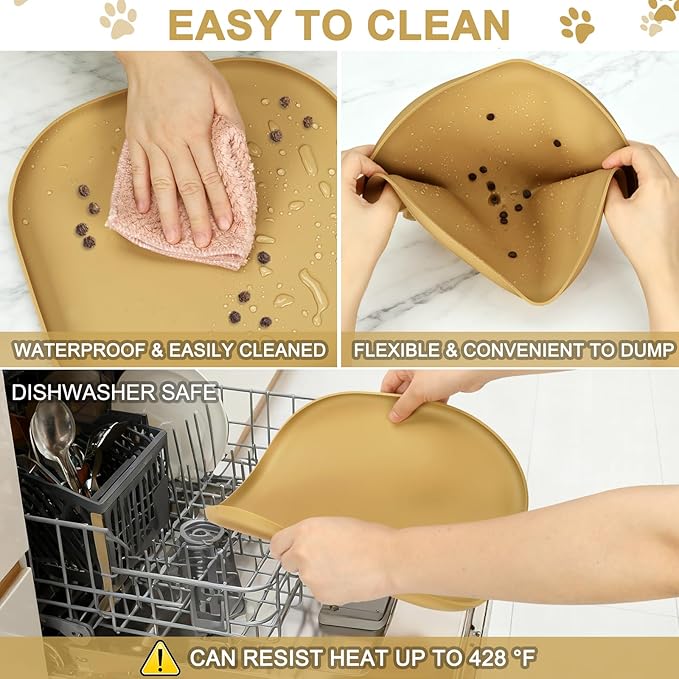 Small Silicone Pet Food Mat with Raised Edge for Food and Water Bowl, Square Dog Feeding Mats, Cat Food Trays for Floor Waterproof, Rubber Tray for Dogs and Cats, 12 x 12 x 0.7 Beige