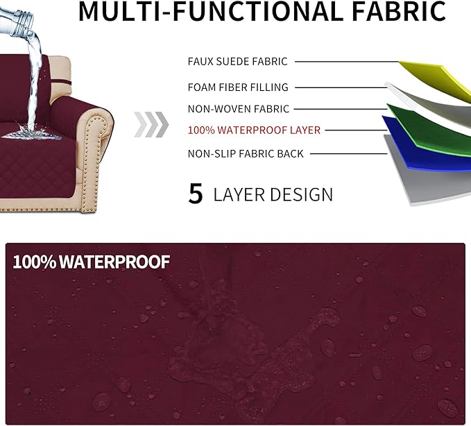 Easy-Going Sofa Slipcover Waterproof Sofa Cover Couch Cover for 4 Cushion Couch with Elastic Straps Washable Non-Slip Furniture Protector Cover for Pets, Dogs, Cat (XX-Large, Wine)