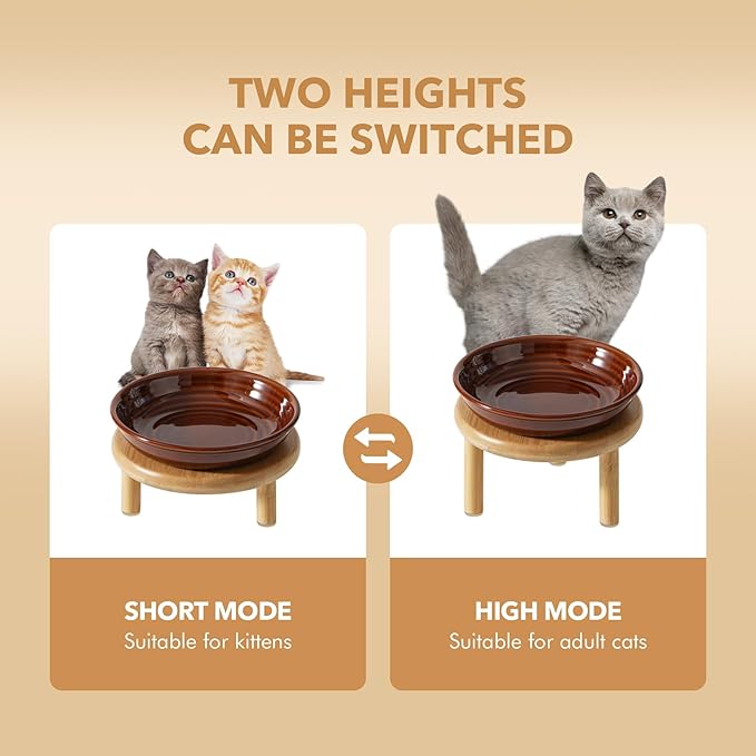 2 Sets of Elevated Ceramic Cat Dish, Wide Whisker Friendly Anti-Slip Food & Water Bowl with 2 Heights Adjustable Stands - Pet Bowl Set for Cats (2 Dishes +2 Stands, Caramel Brown)