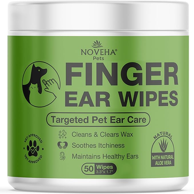 NOVEHA 50PCs Dog Ear Wipes Finger Glove Fit | Easy Ear Cleaning for Dogs & Puppies, Cats & Kittens | Gentle Pet Ear Cleaner Finger Wipes for Puppy, Kitten & More | Cat & Dog Ear Wash | Pet Supplies