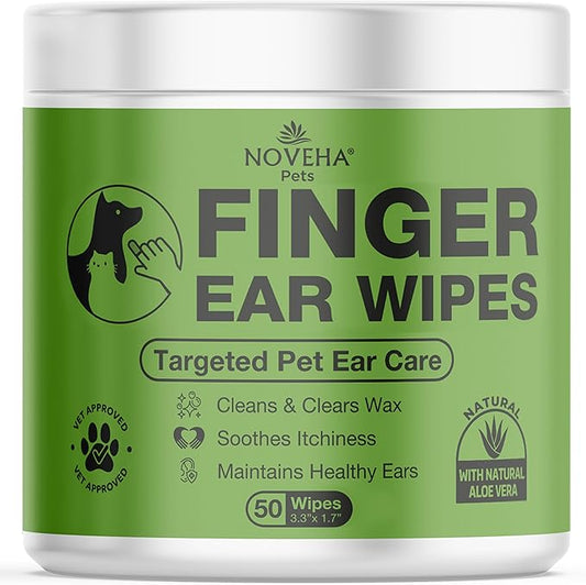 NOVEHA 50PCs Dog Ear Wipes Finger Glove Fit | Easy Ear Cleaning for Dogs & Puppies, Cats & Kittens | Gentle Pet Ear Cleaner Finger Wipes for Puppy, Kitten & More | Cat & Dog Ear Wash | Pet Supplies
