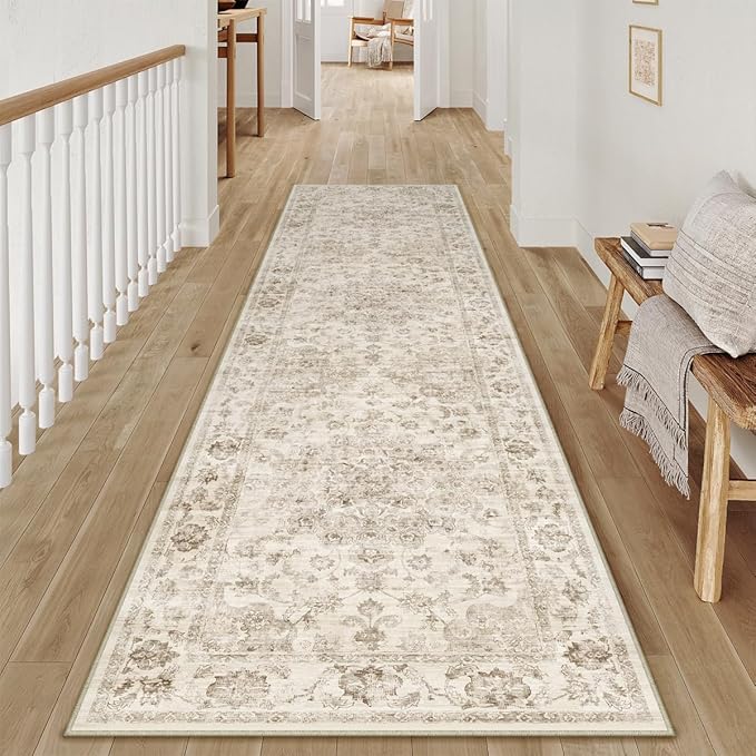 2x14 Washable Neutral Runner Rug Beige Vintage Hallway Kitchen Carpet Non-Slip Soft Low Pile Farmhouse Throw Rug for Bedroom Bathroom Laundry Living Room