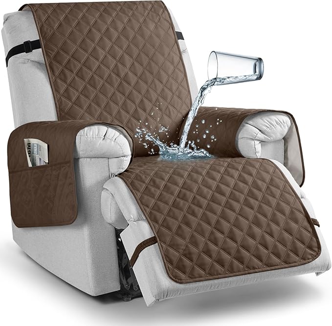 TAOCOCO 100% Waterproof Recliner Chair Cover Non-Slip Reclining Cover for Recliner Chair Washable Chair Seat Cover with Elastic Straps for Pets Sofa Slipcover with Pocket (Small 23'', Brown)