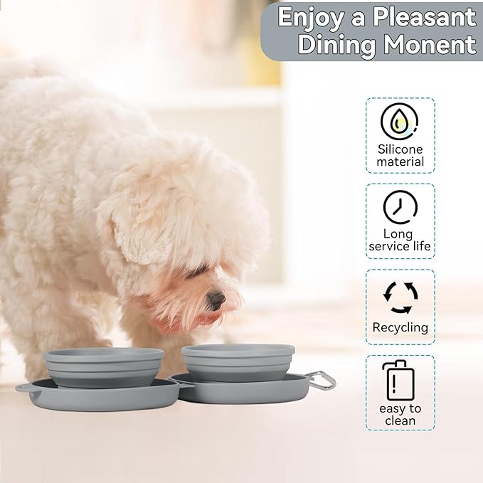 PNEUICALLY Collapsible Dog Water Bowl 2 in 1 Foldable Pet Food and Water Bowl Portable Cats Dishes with Carabiner Clip for Traveling Hiking Camping Walking (Grey)