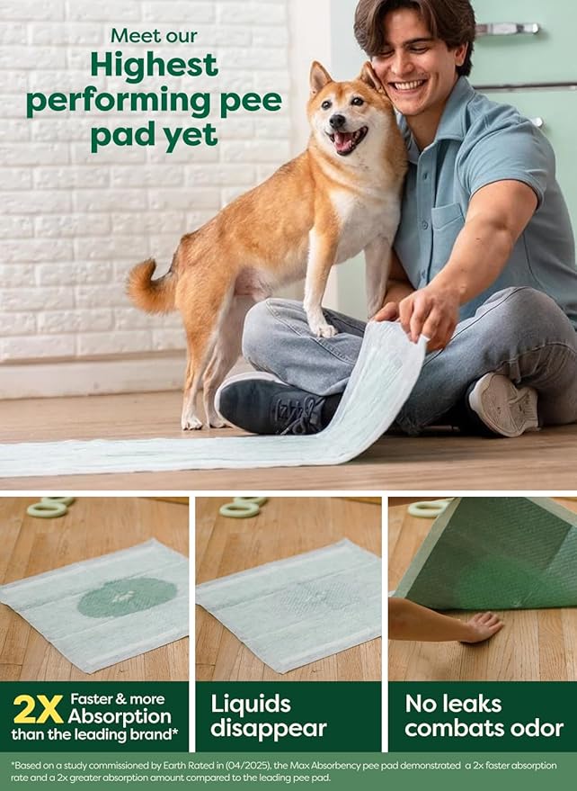 Earth Rated Max Absorbency Puppy Pee Pads for Dogs Absorbs 2X Faster & 2X More, Leak-Proof, Odor Control Potty Training, Unscented, 3XL, 36” x 36”, 24 Count