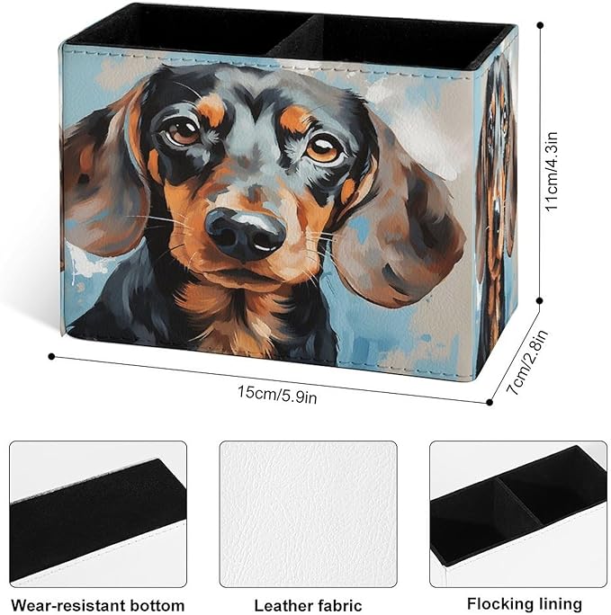 Famame Dachshund Dog Face Cute Pencil Holder for Desk, Leather Desktop Container Pen Cup Storage Study Table Pen Organizer Makeup Brush Holder for Classroom Office Home