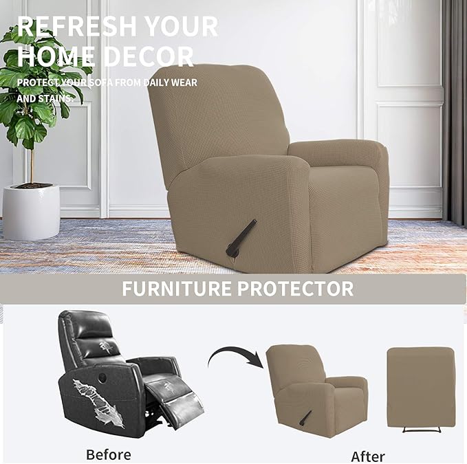 Easy-Going Recliner Stretch Sofa Slipcover Sofa Cover 4-Pieces Furniture Protector Couch Soft with Elastic Bottom Kids, Spandex Jacquard Fabric Small Checks(Recliner,Natural)