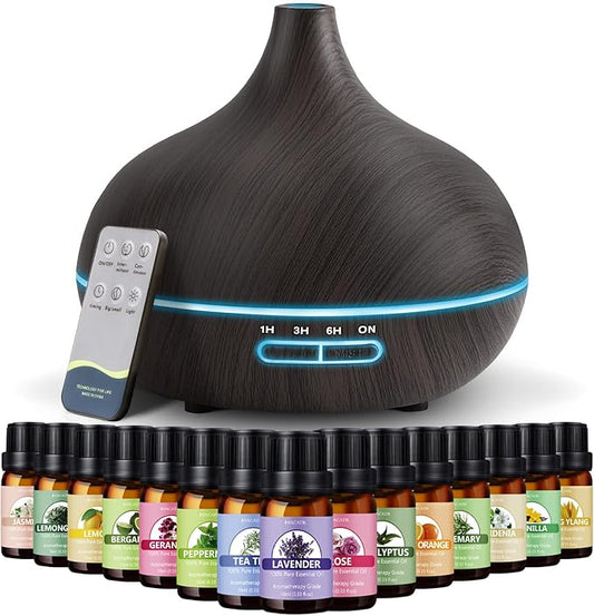 SACATR 550ml Aromatherapy Diffuser with 15x10mL Essential Oils, Ultrasonic Technology, Remote Control for Home Office