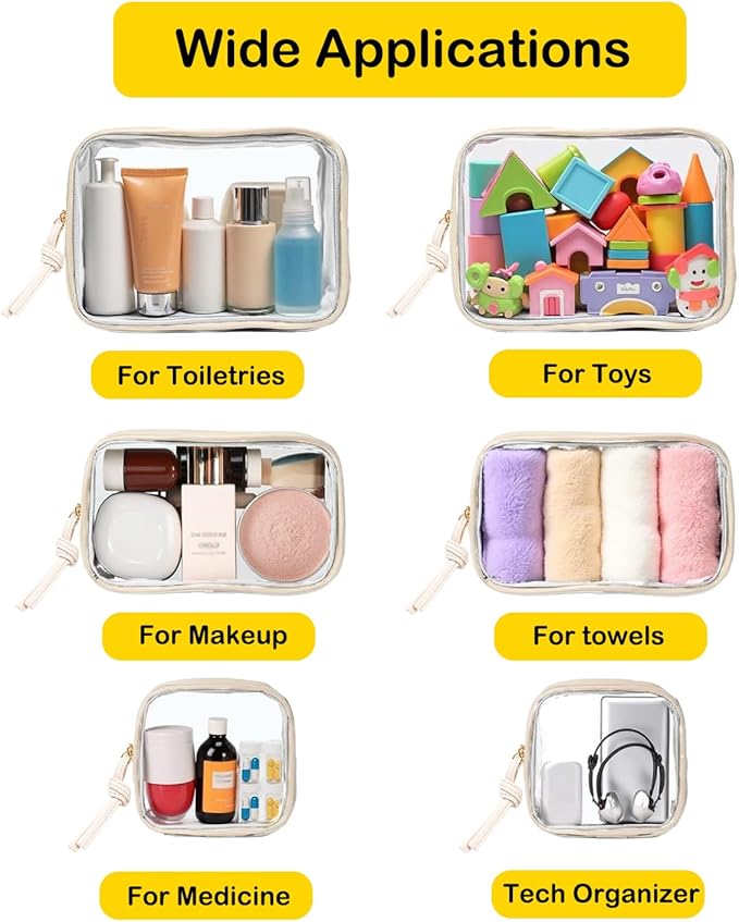 3Pcs Travel Clear Makeup Bag Set for Women, Transparent Toiletry Bag with Zipper Portable Makeup Pouch Organizer Waterproof Small Cosmetic Bag Compact Car Bag Organizer Car Accessories (White Set)