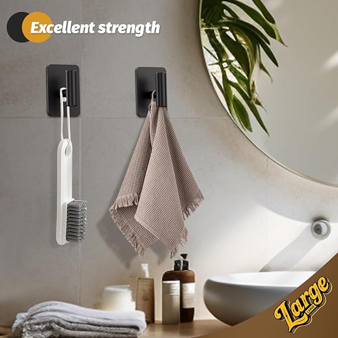 Heavy Duty Adhesive Hooks - 26lb Max, Sticky Wall Hooks Waterproof Stainless Steel for Hanging Towel, Coat, Robe, Towel Hooks Stick on Bathroom, Kitchen, Shower, Door (Black, 4 Pack)