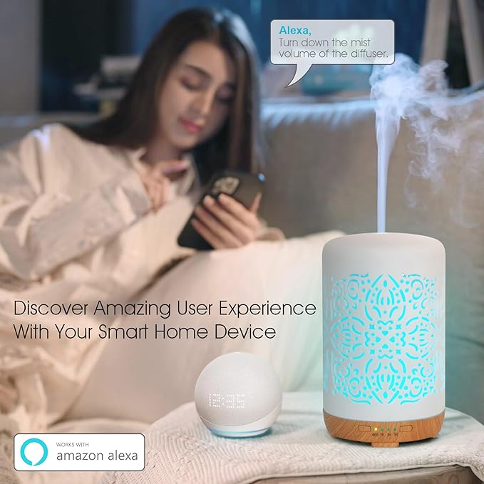 Earnest Living Smart WiFi Essential Oil Diffuser White Ceramic Diffuser 250 ml with Alexa App Phone Control LED and Auto Off Office Humidifier Aromatherapy Diffusers for Essential Oils
