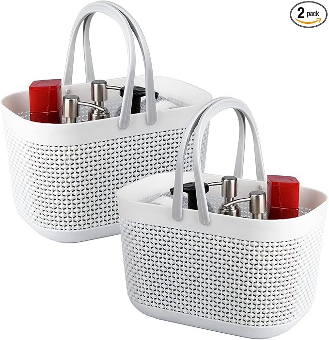 UUJOLY Portable Shower Caddy Basket Tote, Plastic Storage Basket with Handles Organizer Bins for Kitchen Bathroom College Dorm, White 2 Pack