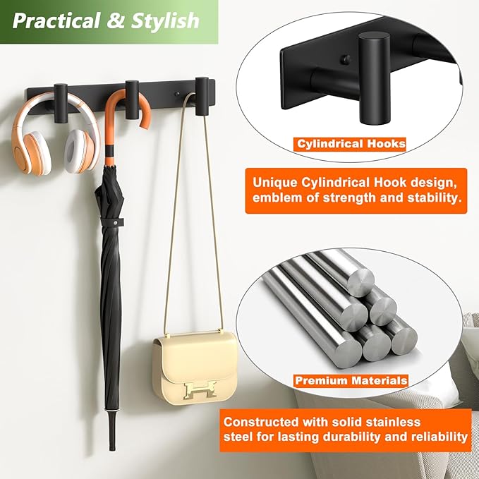 VINHOLD Coat Rack Wall Mounted-3 Hooks,Heavy Duty Stainless Steel Wall Hooks for Towel Coat Bag, Hat Rack Coat Hanger Coat Hooks Towel Racks for Bathroom Entryway Kitchen Hotel Office (Black, 2 Packs)