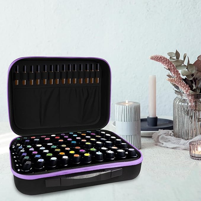 EVA Essential Oil Storage Carrying Case, 70 Bottles, Essential Oils Box for 5ml 10ml 15ml Roller Bottles Travel Storage Organizer Bag for doTERRA & Young Living (Purple)