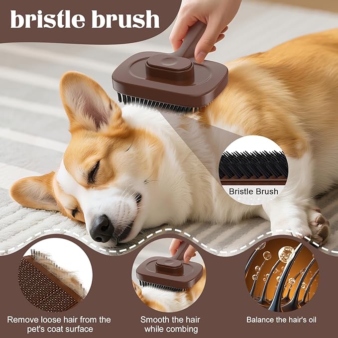 Self Cleaning Dog Brush for Shedding - Bristle Brush and Long/Short Needles Design, Skin Friendly, Slicker Deshedding Dog Brush, Hair Removal for Long & Short Haired Pets (Brown)