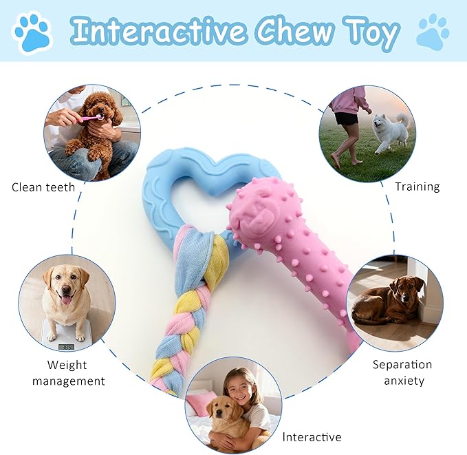Puppy Teething Toy Set, 4 PCS Soft Rubber Dog Chew Toys with Cotton Ropes Puppy Chew Toys for Oral Teeth Soothe Itching (3 Colors)