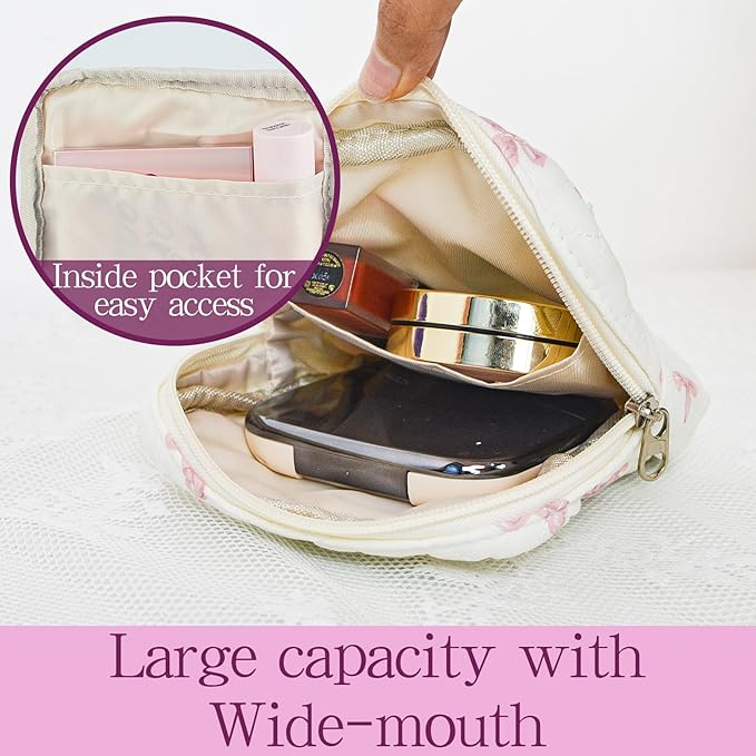 Small Floral Quilted Makeup Bag, Coquette Aesthetic Travel Toiletry Organizer for Women, Lightweight Cotton Cosmetic Pouch