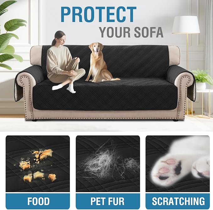 H.VERSAILTEX 100% Waterproof Sofa Covers for 3 Cushion Couch Modern Couch Cover for Dogs Washable Thick Soft Furniture Protector with Elastic Straps (Sofa, Black/Beige)