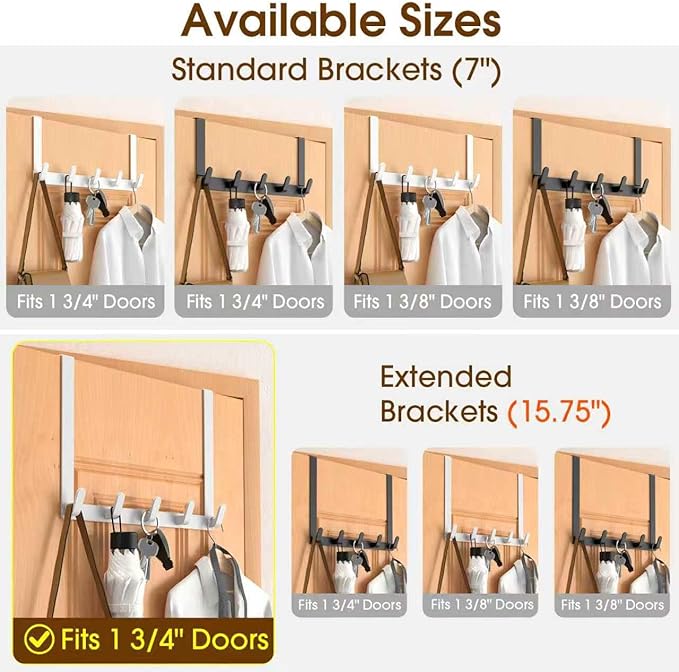 CHAUNCEY HOME Long Over The Door Hooks with 15.75-inch Arms for Easier Access by Women, Heavy Duty Door Hanger for Winter Coat, L16U, Fits Standard 1 3/4'' Doors, Towel Racks Organization, White