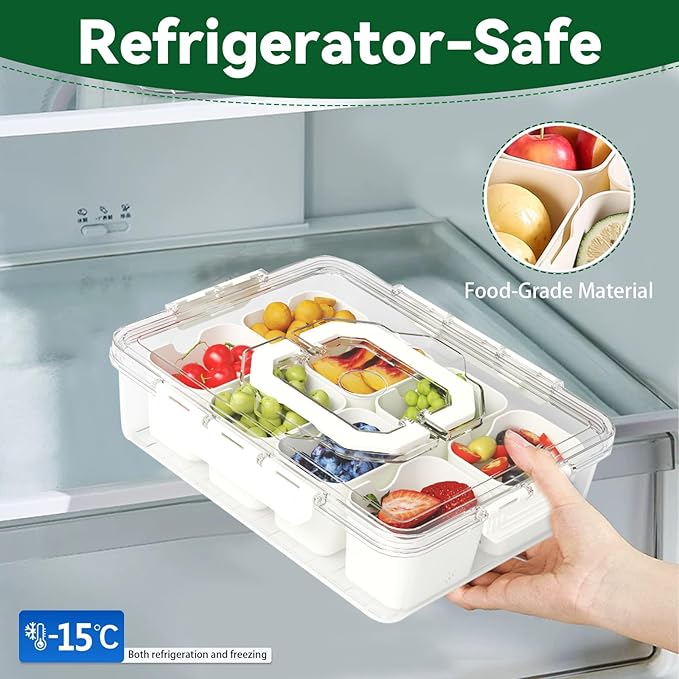 REBECAT Divided Serving Tray with Lid and Handles 8 Compartments Snack Box Container Charcuterie Organizer Snackle Box Container for Candy,Nuts，Fruits,Snacks,3 Pack,White