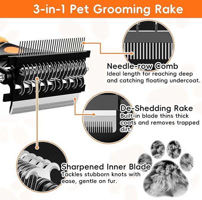 3-in-1 Professional Pet Grooming Brush for Dogs & Cats – Dematting Comb, Undercoat Rake & Deshedding Tool for Long & Short Hair, Heavy Shedding & Matted Fur (Organge)