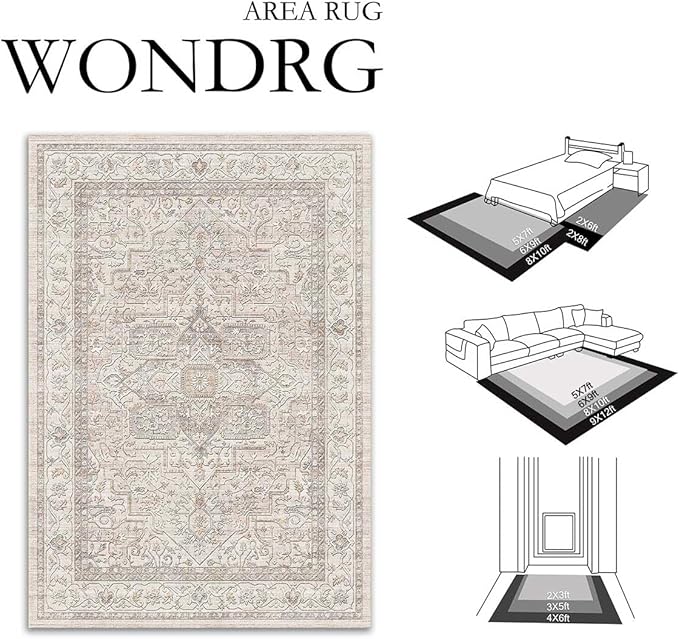 2x3 Washable Vintage Area Rug Beige Oriental Soft Entryway Throw Rug Neutral Non Slip Low Pile Small Carpet for Kitchen Bathroom Living Room Bedroom
