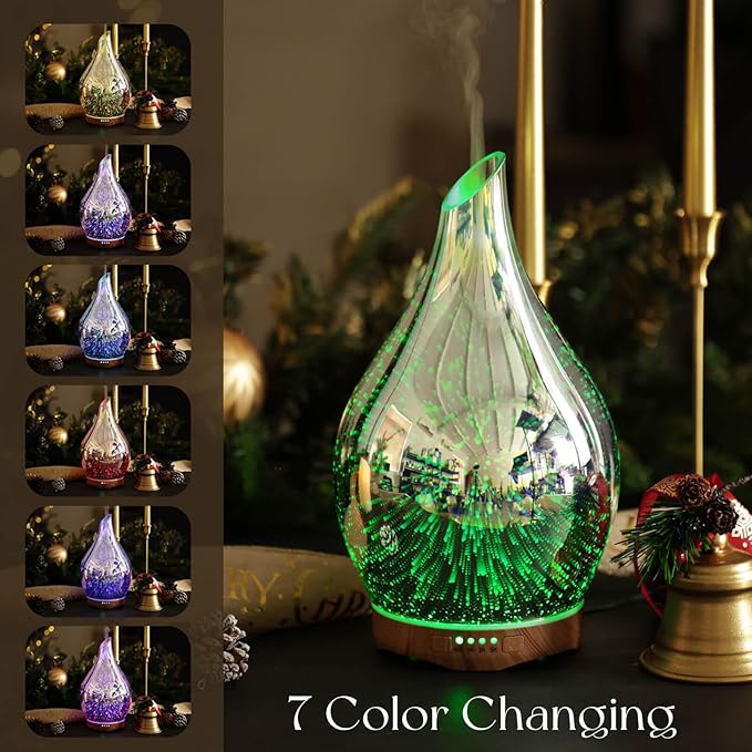 Porseme Essential Oil Diffuser 280ml Aromatherapy Ultrasonic Oil Diffusers 3D Glass Cool Mist Humidifier, Air Refresh Auto Shut-Off, Timer Setting, BPA Free for Home Hotel Yoga Leisure SPA Gift