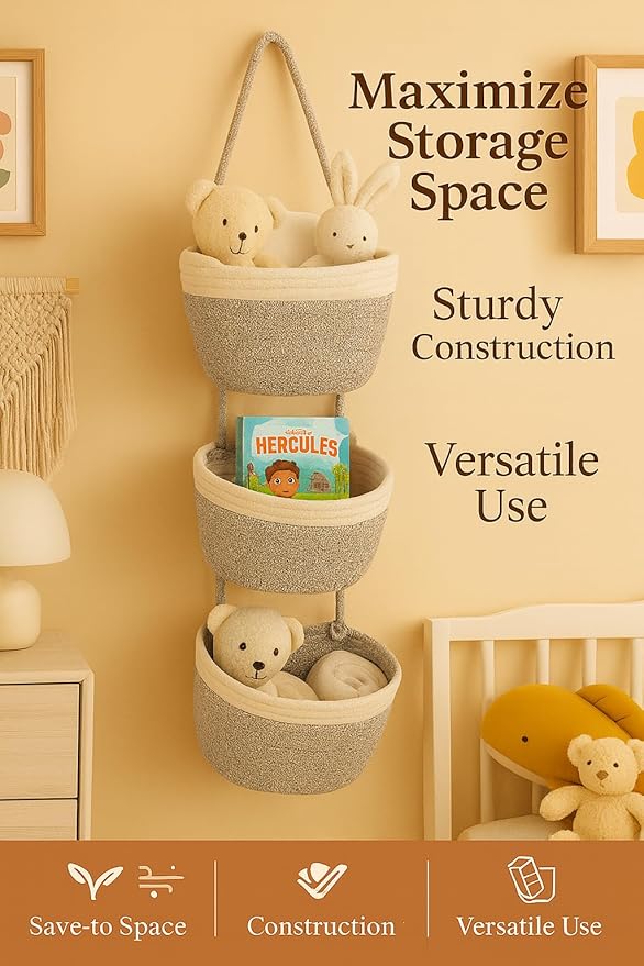 Japanese Handmade Cotton Rope Hanging Basket Organizer – 3 Tier Wall boho Storage Organizer for Toys , Snacks & Décor – Eco-Friendly Coiled Weaving Craft, Housewarming & Shower Gift (White&beige)