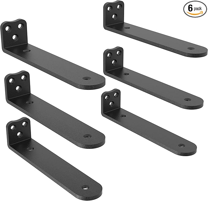 Eurydice Heavy Duty Floating Shelf Brackets, 1/4 inch Thick L Bracket, (10 In 6 Pack Black), Holds 200 lb, Rounded Arc Edge, One-Piece, 3 Hole Mounting For Wood Shelves in Kitchen, Garage, Office, DIY