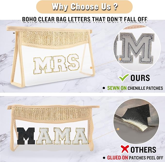 Clear Makeup Letter Patch Makeup Bag MRS Pouch, Boho Clear Toiletry Bags Travel Small Cute Preppy Chenille Letter Cosmetic Zipper Pouch Purse, Waterproof Glitter Wedding Make Up Storage for Women(MRS)