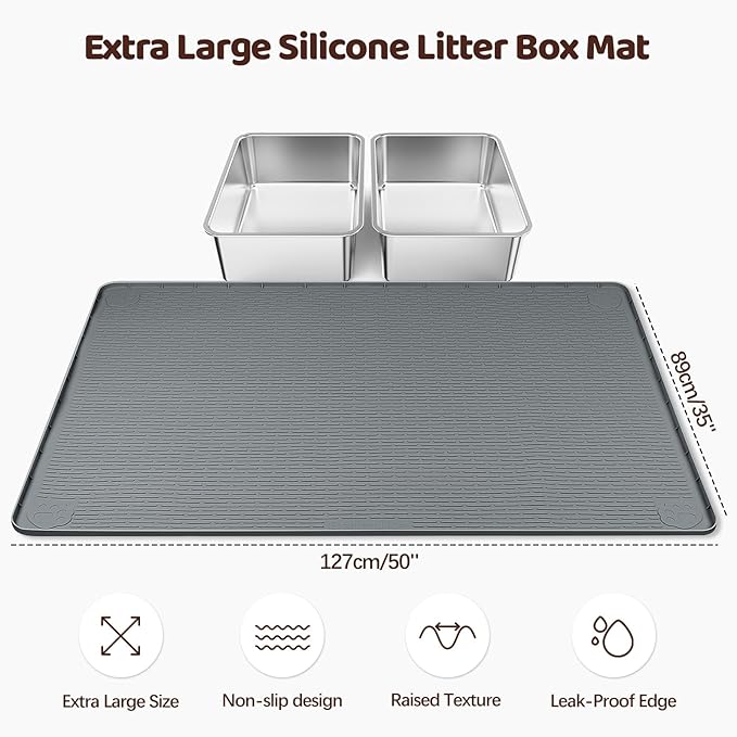 Bartuke Cat Litter Mat, XXL Extra Large 50" x 35" Silicone Mat Litter Trapping Mat for Scatter Control, Soft on Kitty Paws, Easy to Clean (Dark Grey)